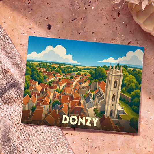 Carte postale souvenir de la ville de Donzy présentant une illustration stylisée et colorée vue du ciel.