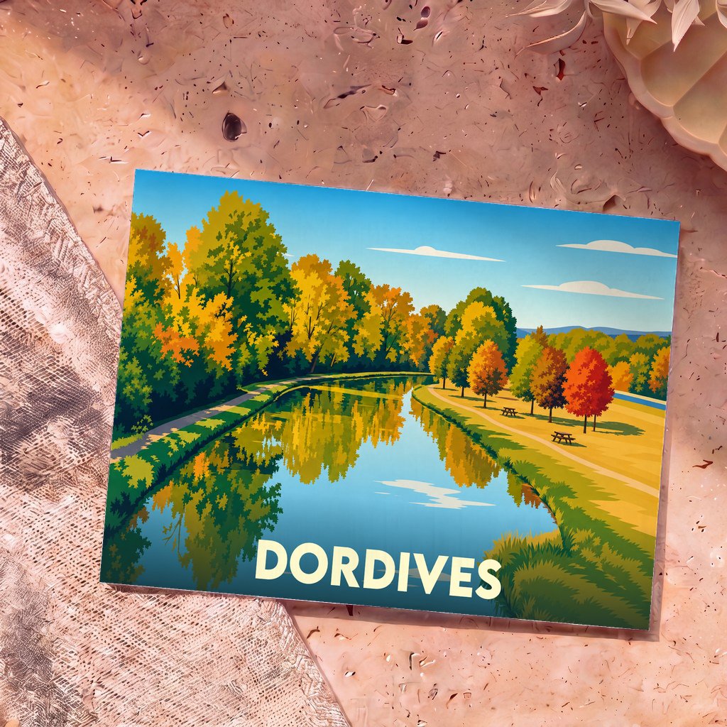 Carte postale souvenir de la ville de Dordives illustrant un canal bordé d'arbres aux couleurs d'automne.