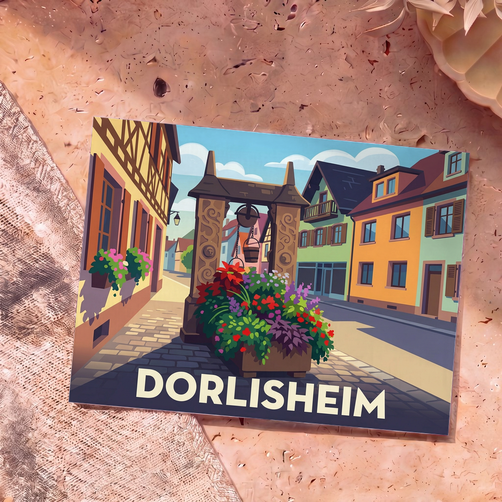 Carte postale souvenir de la ville de Dorlisheim avec une illustration stylisée d'une rue typique et son puits fleuri.