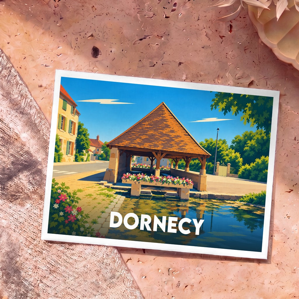 Carte postale souvenir de la ville de Dornecy illustrant son lavoir traditionnel dans un style artistique coloré.
