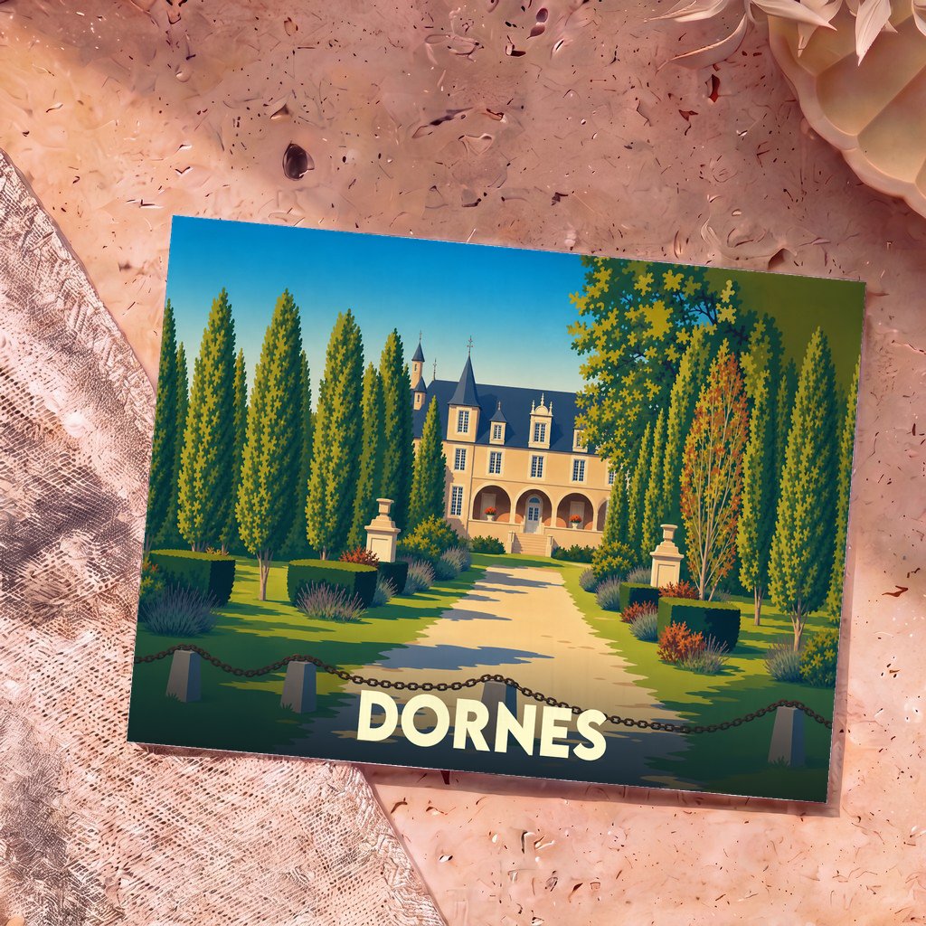 Carte postale souvenir de la ville de Dornes illustrant un château entouré de cyprès dans un style graphique épuré.