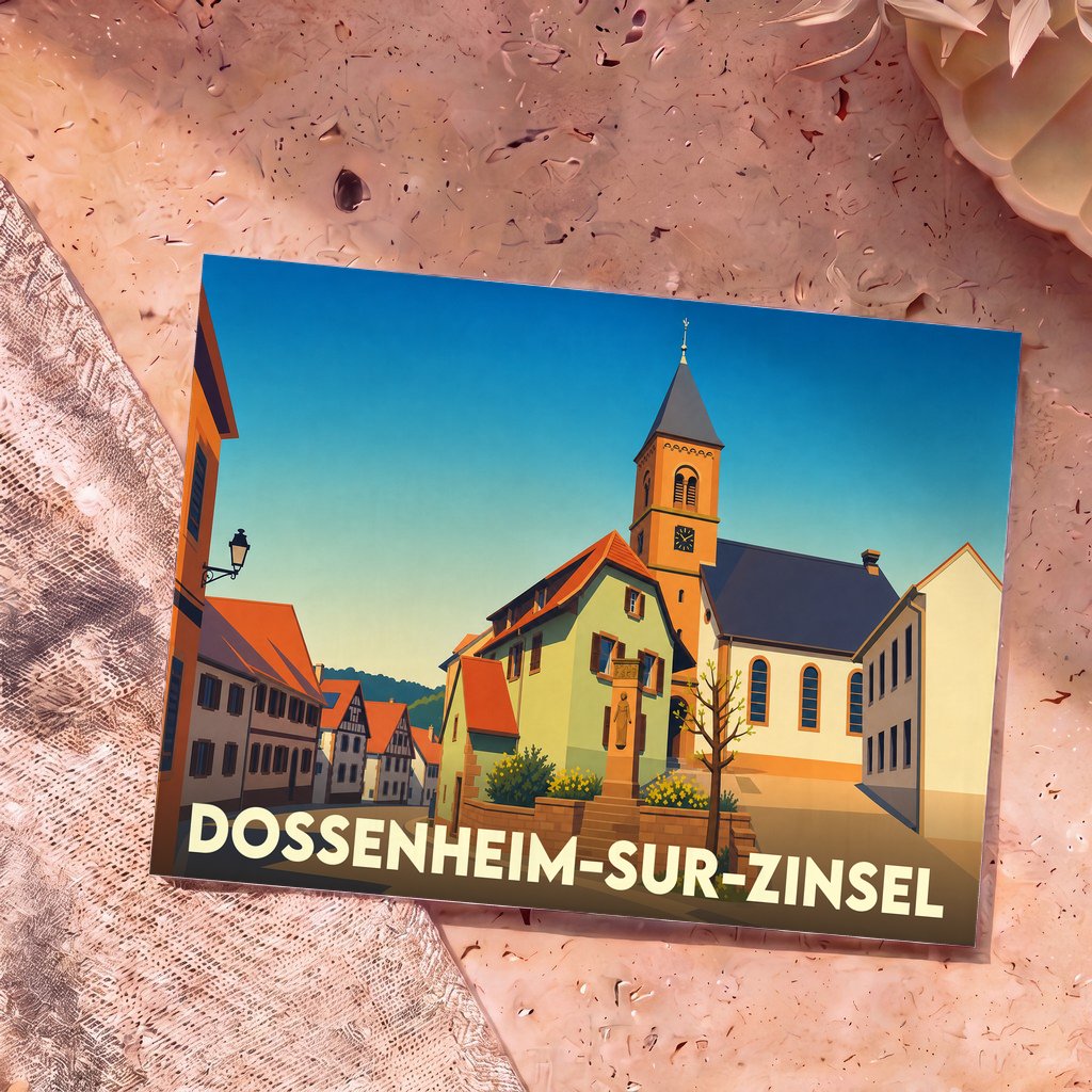 Carte postale souvenir de Dossenheim-sur-Zinsel avec une illustration stylisée du centre-ville et de son église.