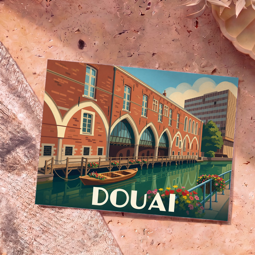 Carte postale souvenir de la ville de Douai avec une illustration stylisée de ses bâtiments en briques au bord de l'eau.
