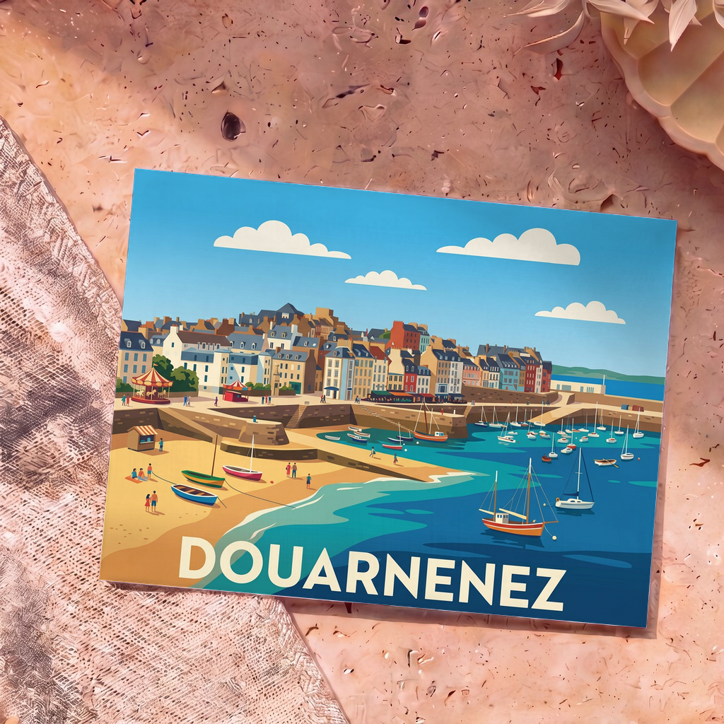 Carte postale souvenir de la ville de Douarnenez illustrant son port et ses maisons colorées dans un style graphique épuré.