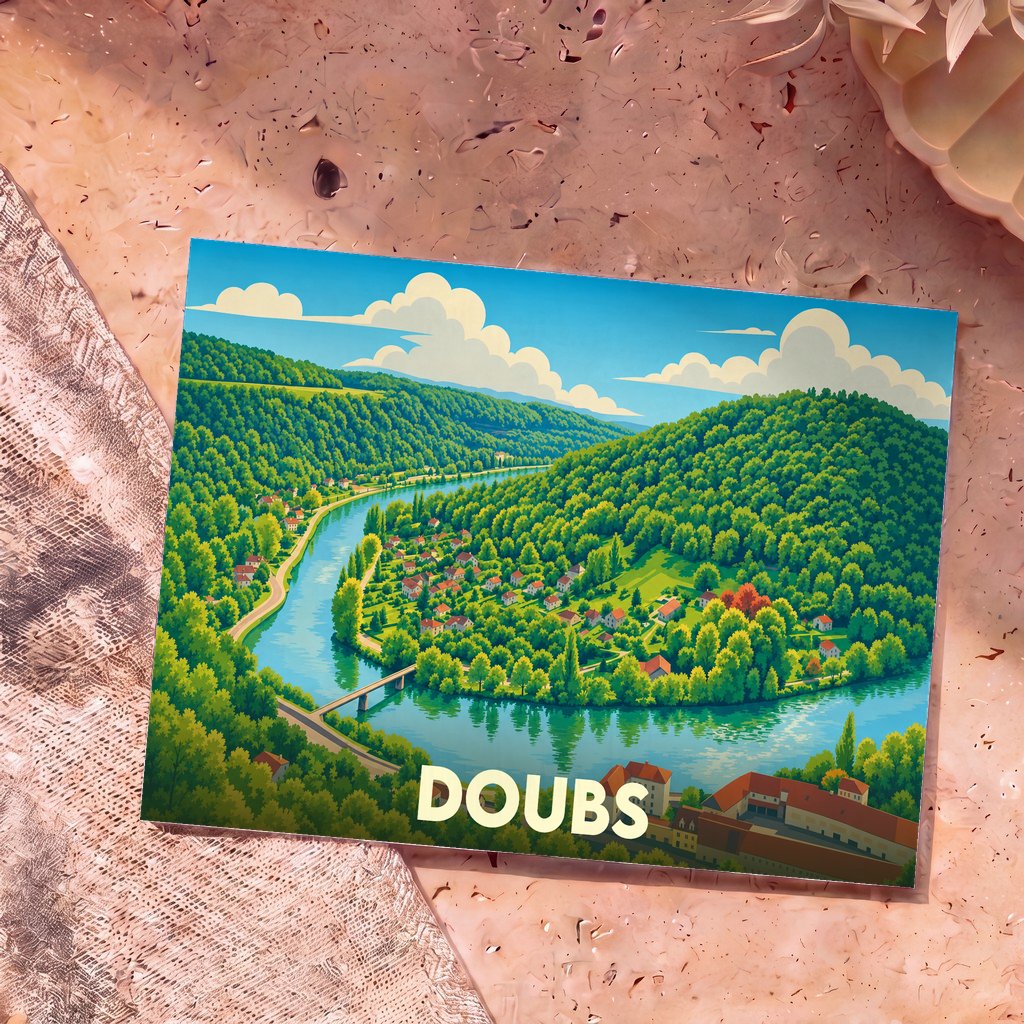 Carte postale souvenir du Doubs avec une illustration stylisée d'une rivière serpentant entre des collines verdoyantes.