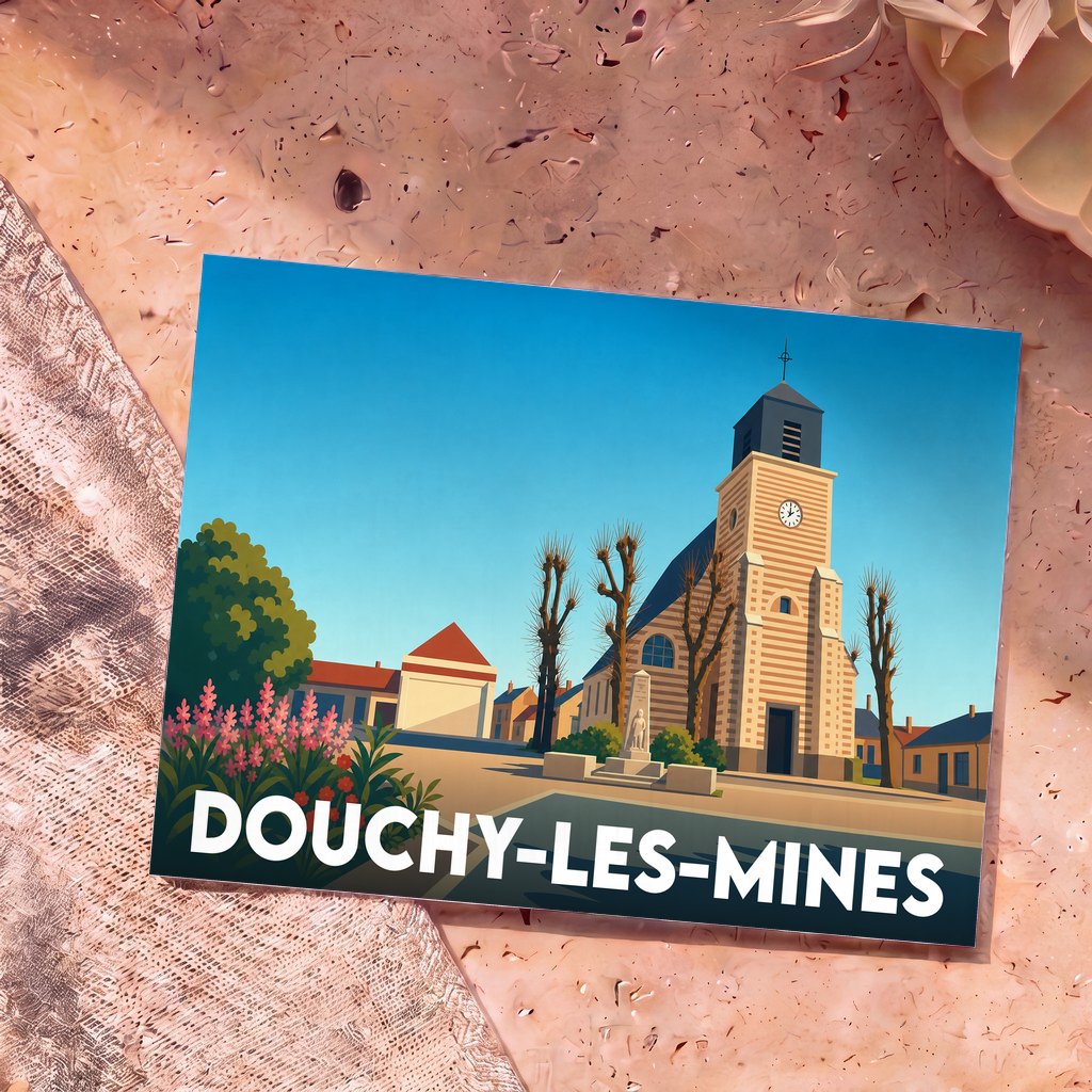 Carte postale souvenir de la ville de Douchy-les-Mines avec une illustration stylisée de son église et de sa place.