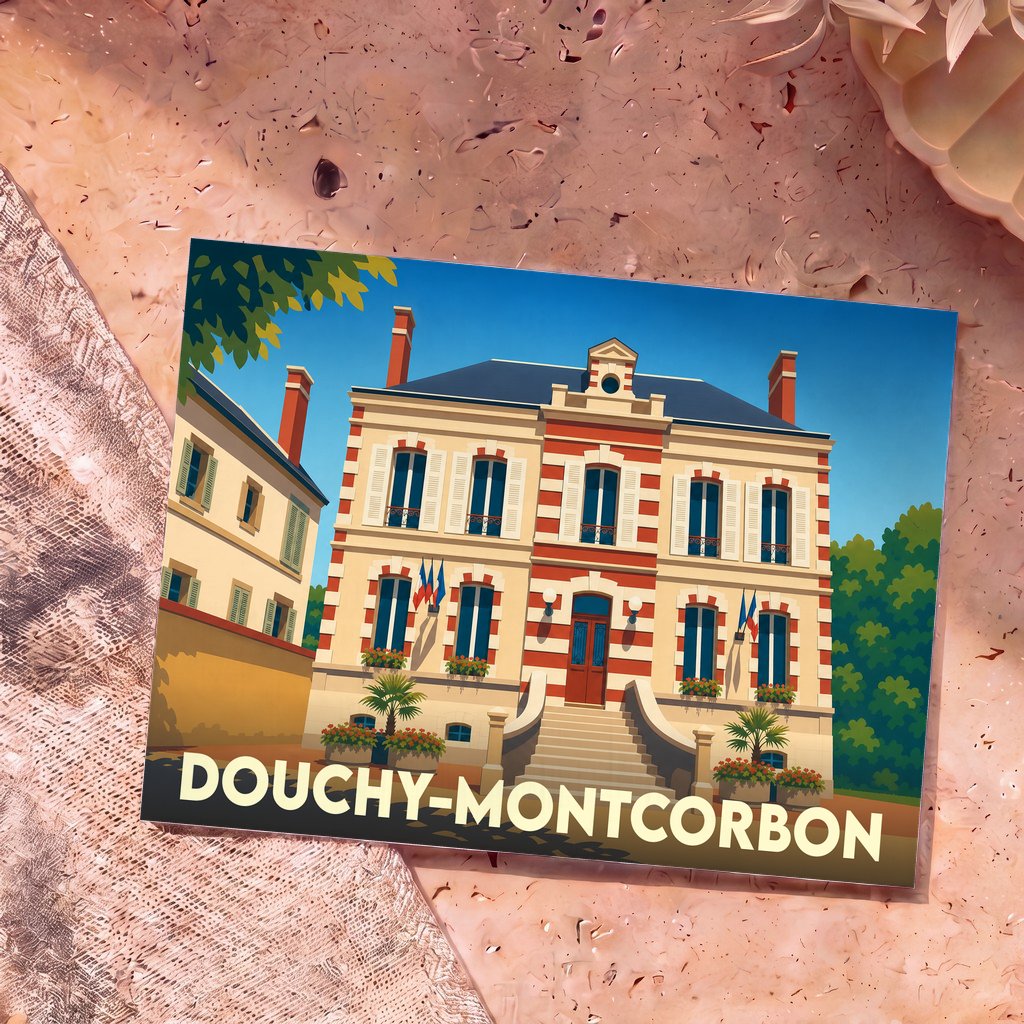 Carte postale souvenir de la ville de Douchy-Montcorbon avec une illustration stylisée d'un bâtiment municipal.