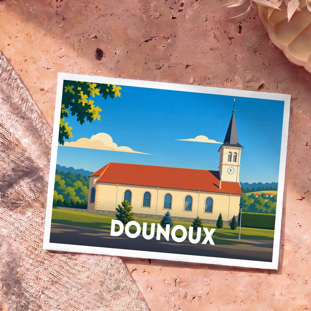 Carte postale souvenir de la ville de Dounoux avec une illustration stylisée de son église sous un ciel bleu.
