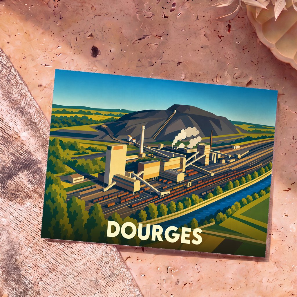 Carte postale souvenir de la ville de Dourges avec une illustration stylisée d'un site minier et de ses terrils.