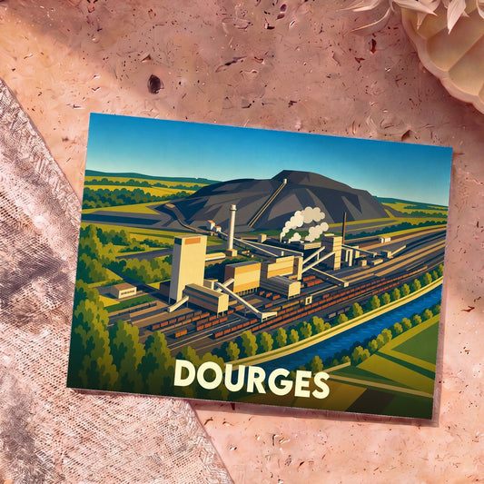 Carte postale souvenir de la ville de Dourges avec une illustration stylisée d'un site minier et de ses terrils.