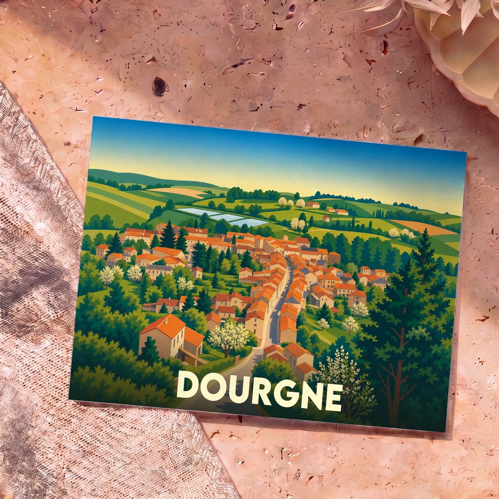Carte postale souvenir de la ville de Dourgne illustrant un village vallonné dans un style graphique épuré.