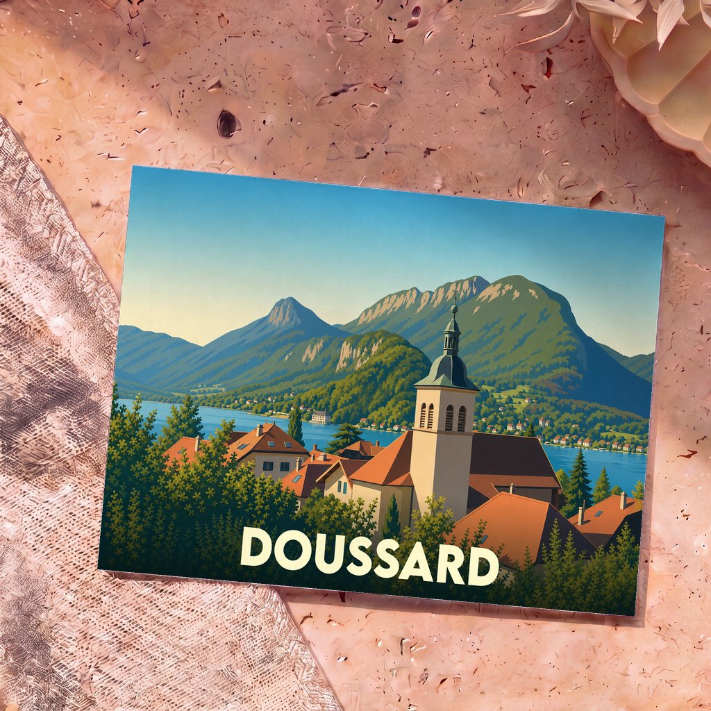 Carte postale souvenir de la ville de Doussard avec une illustration stylisée d'un village de montagne au bord d'un lac.