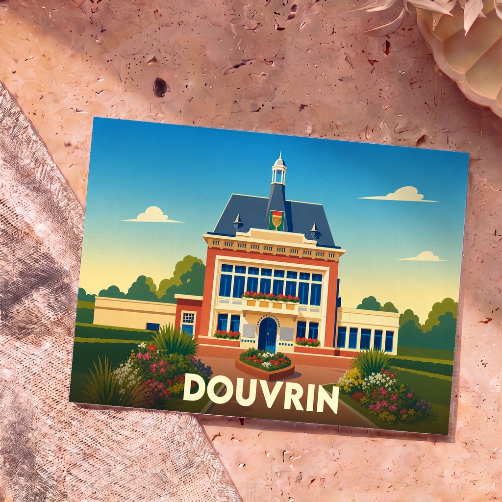 Carte postale souvenir de la ville de Douvrin avec une illustration stylisée de son hôtel de ville.
