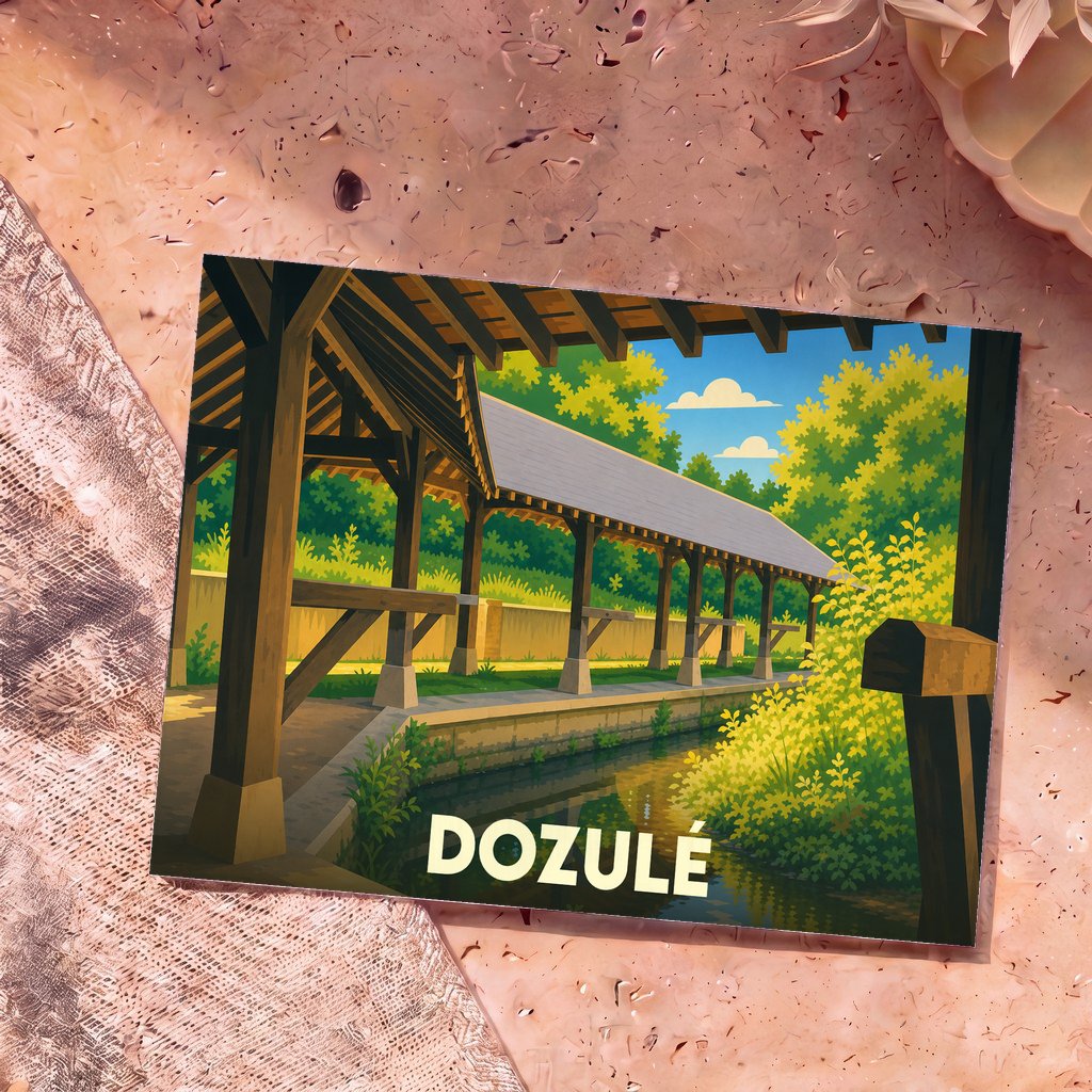 Carte postale souvenir de la ville de Dozulé illustrant son lavoir historique dans un style graphique épuré.