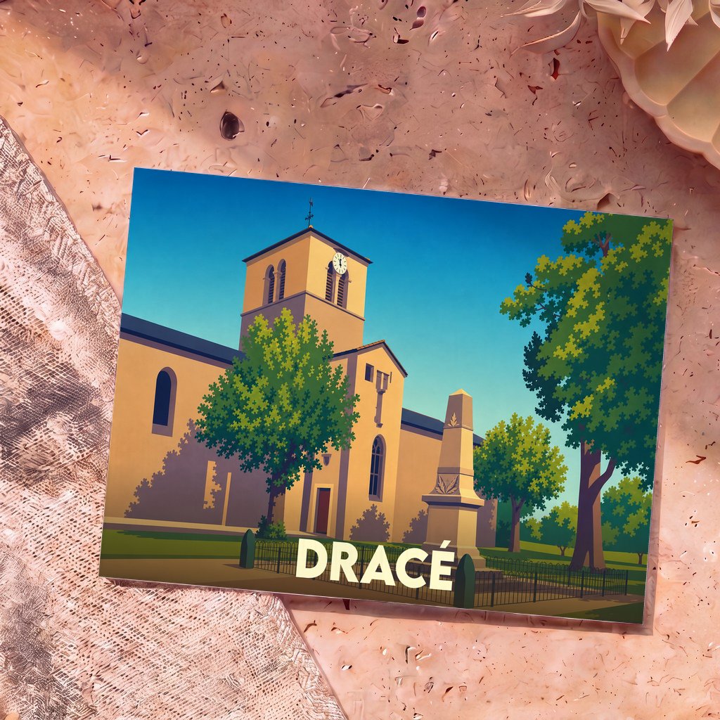 Carte postale souvenir de la ville de Dracé illustrant son église et son monument aux morts dans un style épuré et coloré.
