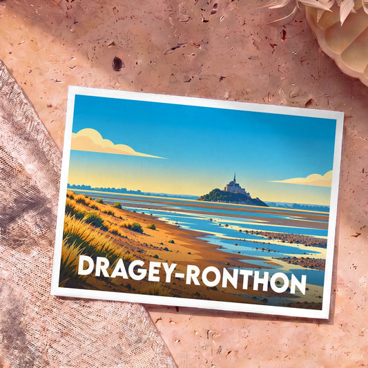 Carte postale souvenir de la ville de Dragey-Ronthon illustrant le Mont-Saint-Michel dans un style graphique épuré.
