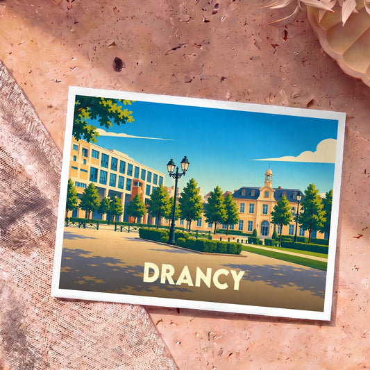 Carte postale souvenir de la ville de Drancy avec une illustration stylisée d'une place arborée.