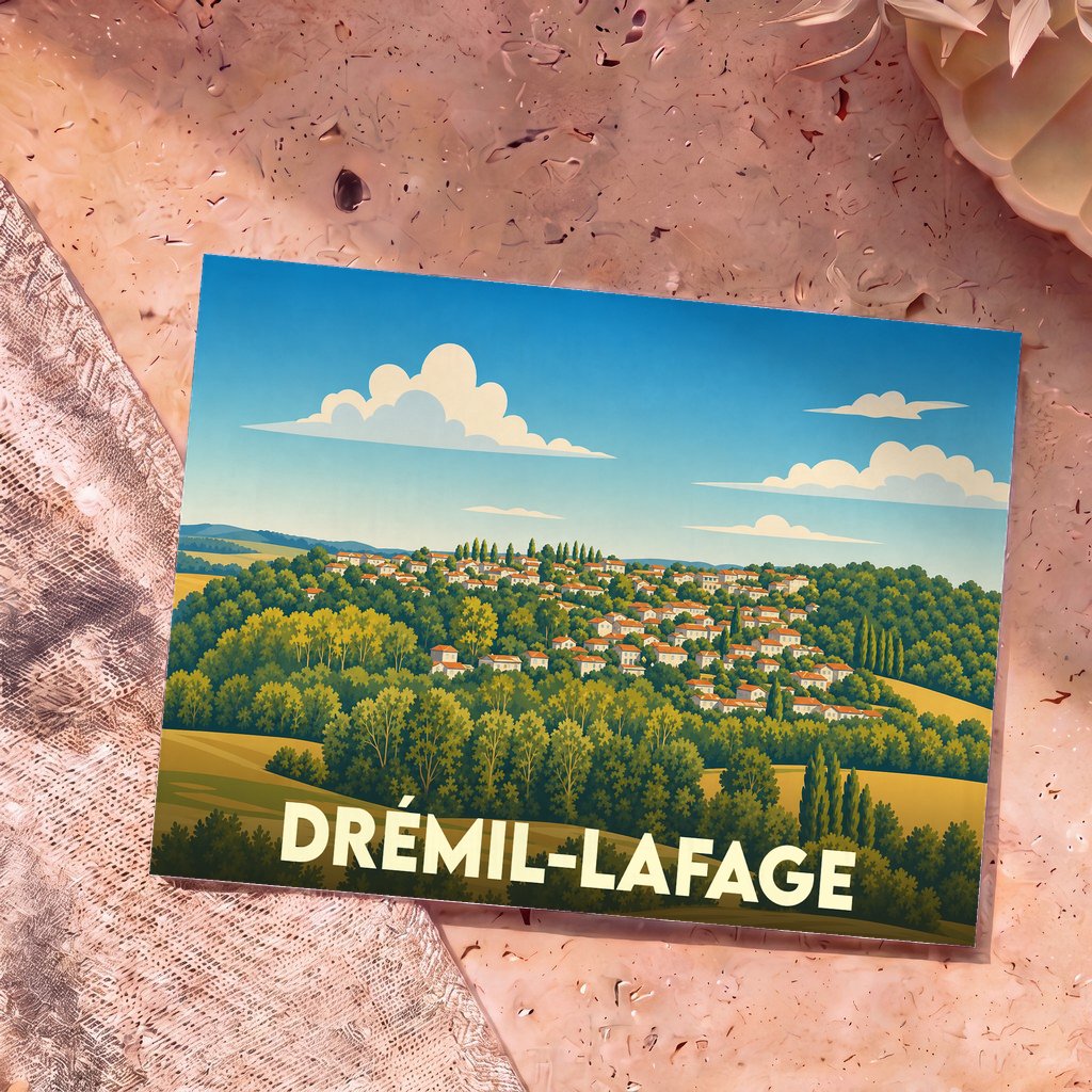 Carte postale souvenir de la ville de Drémil-Lafage avec une illustration stylisée d'un village vallonné.