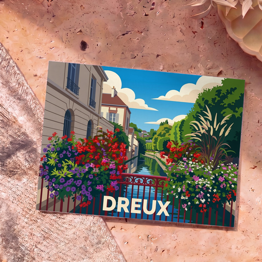 Carte postale souvenir de la ville de Dreux illustrant un canal fleuri dans un style graphique coloré.