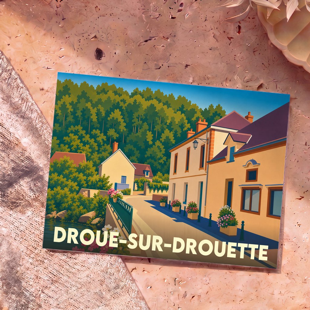 Carte postale souvenir de la ville de Droue-sur-Drouette avec une illustration colorée et stylisée de ses rues et de ses paysages.