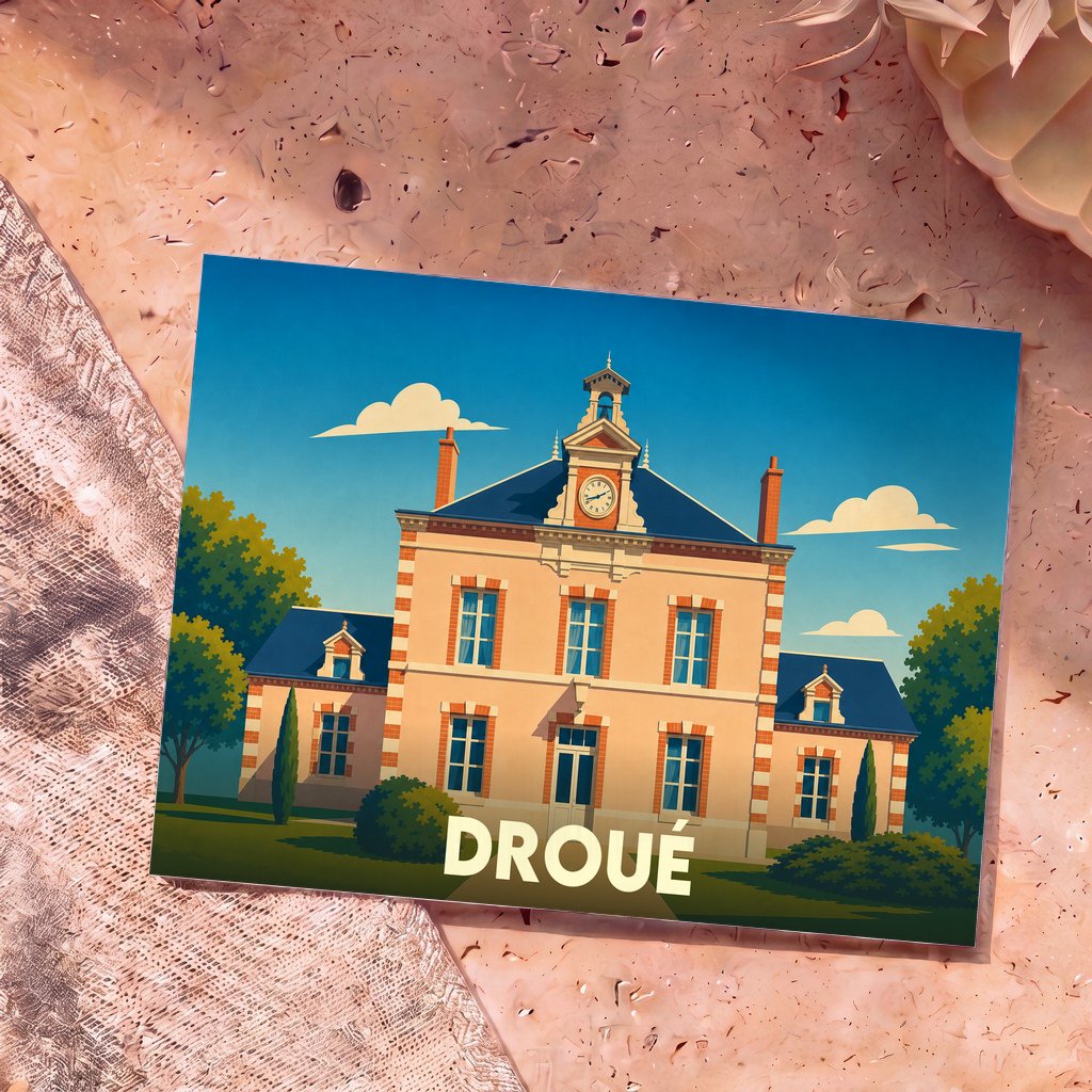 Carte postale souvenir de la ville de Droué représentant son hôtel de ville avec une illustration stylisée.