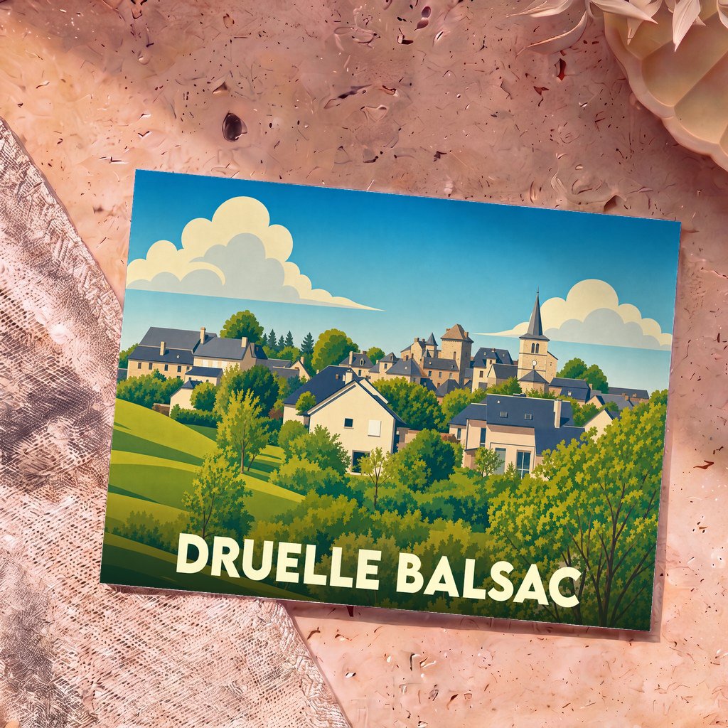 Carte postale souvenir de la ville de Druelle Balsac avec une illustration stylisée de ses maisons et de son église.