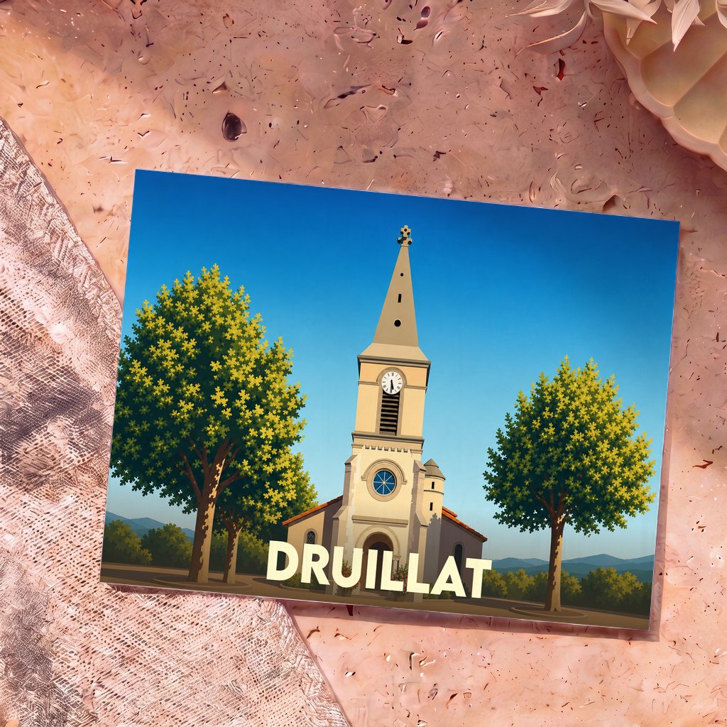 Carte postale souvenir de la ville de Druillat illustrant son église entourée d'arbres dans un style épuré.