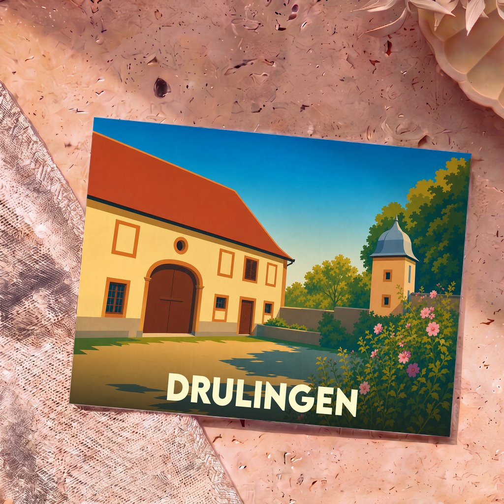Carte postale souvenir de la ville de Drulingen avec une illustration stylisée d'un bâtiment historique et de ses jardins.