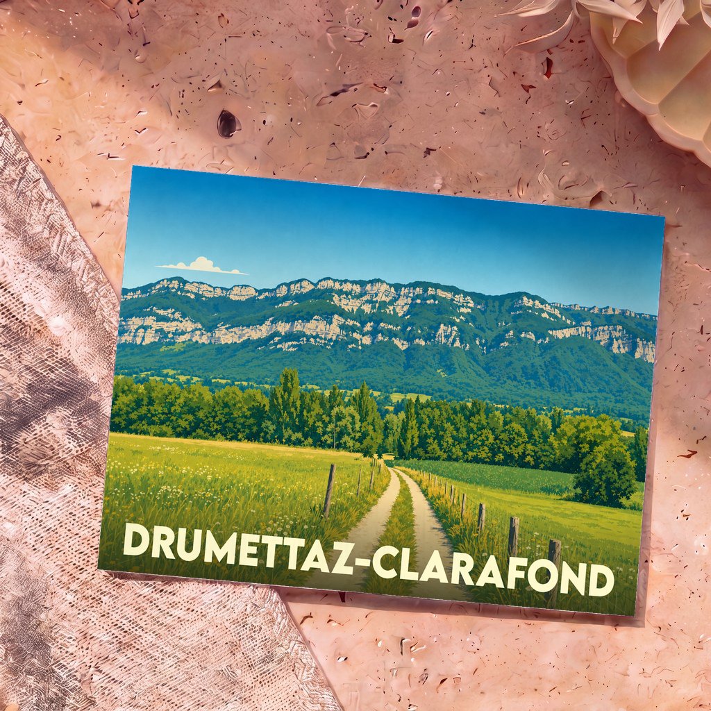 Carte postale souvenir de la commune de Drumettaz-Clarafond avec une illustration stylisée d'un paysage de montagne.