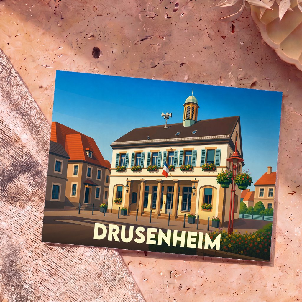 Carte postale souvenir de la ville de Drusenheim avec une illustration stylisée de son hôtel de ville.