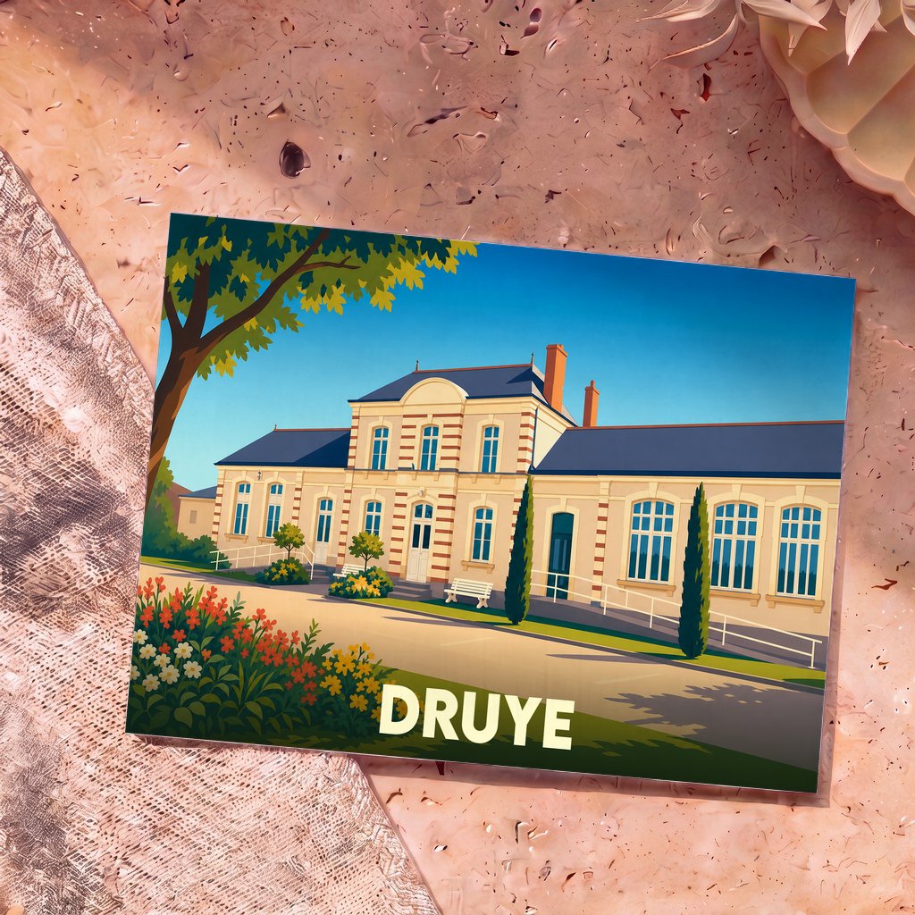 Carte postale souvenir de la ville de Druye avec une illustration stylisée de son école publique.