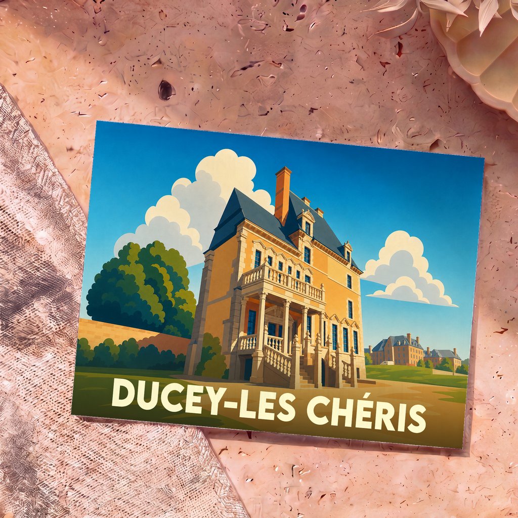 Carte postale souvenir de la ville de Ducey-Les Chéris avec une illustration stylisée d'un château.