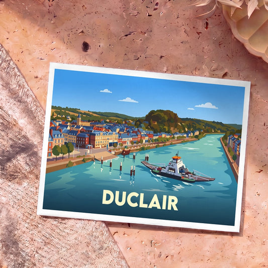 Carte postale souvenir de la ville de Duclair avec une illustration stylisée d'un bac traversant la Seine.