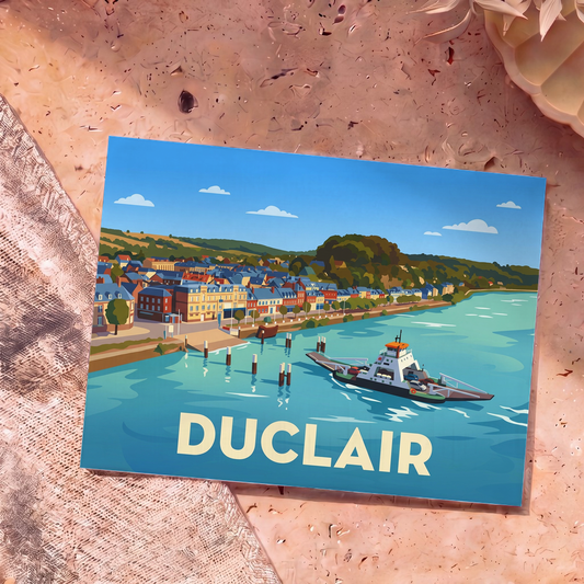 Carte postale souvenir de la ville de Duclair avec une illustration stylisée d'un bac traversant la Seine.