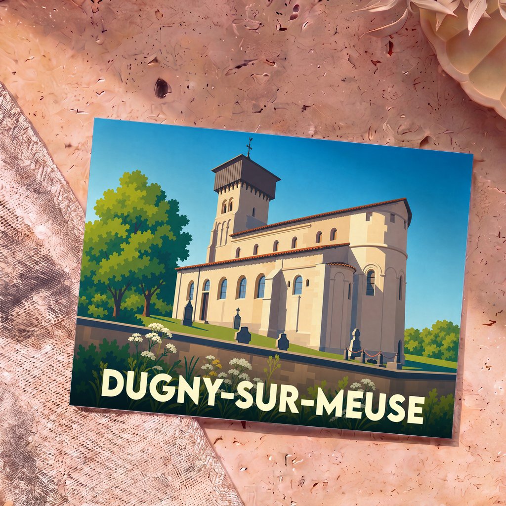 Carte postale souvenir de la ville de Dugny-sur-Meuse avec une illustration stylisée de son église fortifiée.