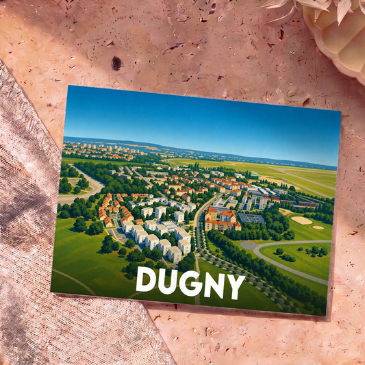 Carte postale souvenir de la ville de Dugny avec une illustration aérienne stylisée.