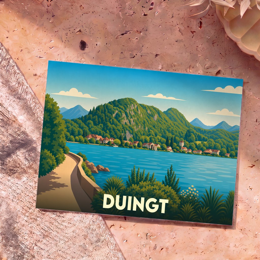 Carte postale souvenir de la ville de Duingt avec une illustration stylisée de son lac et de ses montagnes.