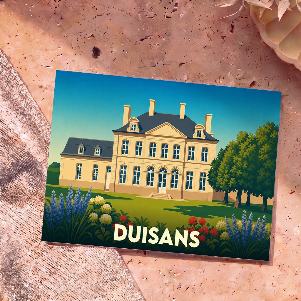 Carte postale souvenir de la ville de Duisans illustrant un château majestueux dans un style graphique épuré.
