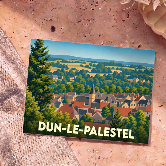Carte postale souvenir de Dun-le-Palestel illustrant une vue panoramique du village et de sa campagne environnante.
