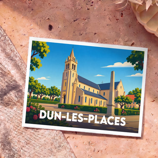 Carte postale souvenir de la ville de Dun-les-Places avec une illustration stylisée de son église et d'un monument.