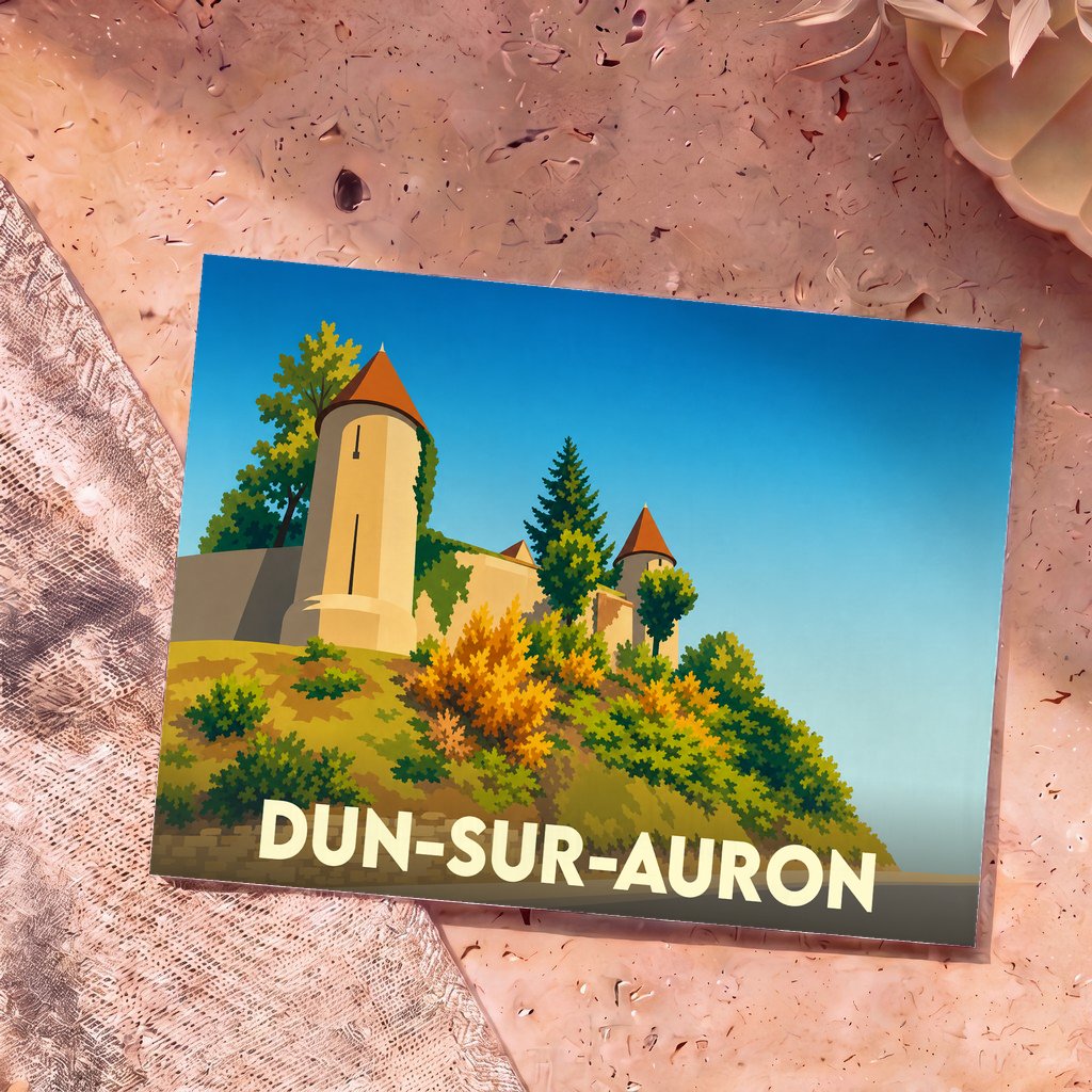 Carte postale souvenir de la ville de Dun-sur-Auron avec une illustration stylisée de ses remparts et tours.