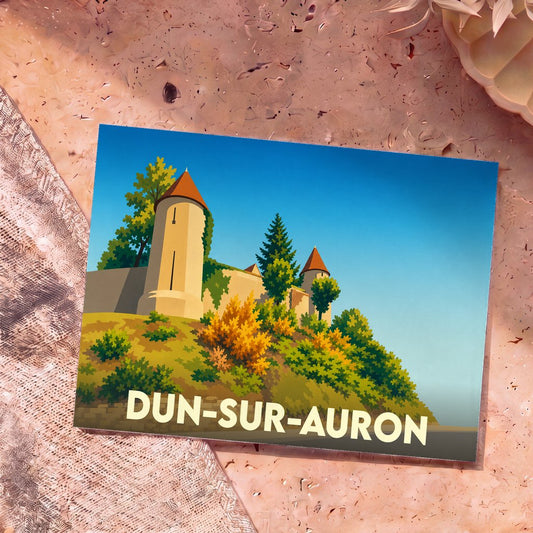 Carte postale souvenir de la ville de Dun-sur-Auron avec une illustration stylisée de ses remparts médiévaux.