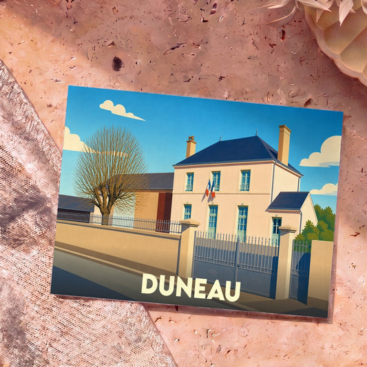 Carte postale souvenir de la commune de Duneau présentant une illustration stylisée de sa mairie sous un ciel bleu.