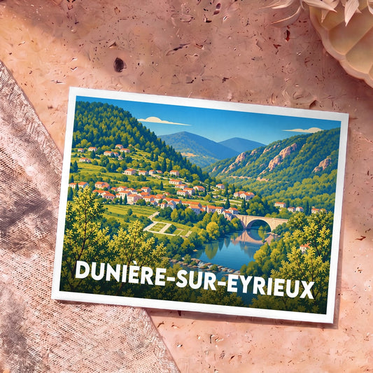 Carte postale souvenir de Dunière-sur-Eyrieux illustrant un paysage de vallée ardéchoise au style rétro.