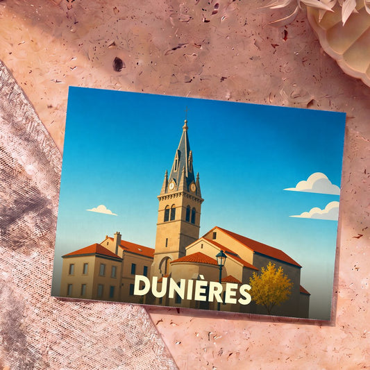 Carte postale souvenir de la ville de Dunières avec une illustration stylisée de son église et de ses bâtiments.