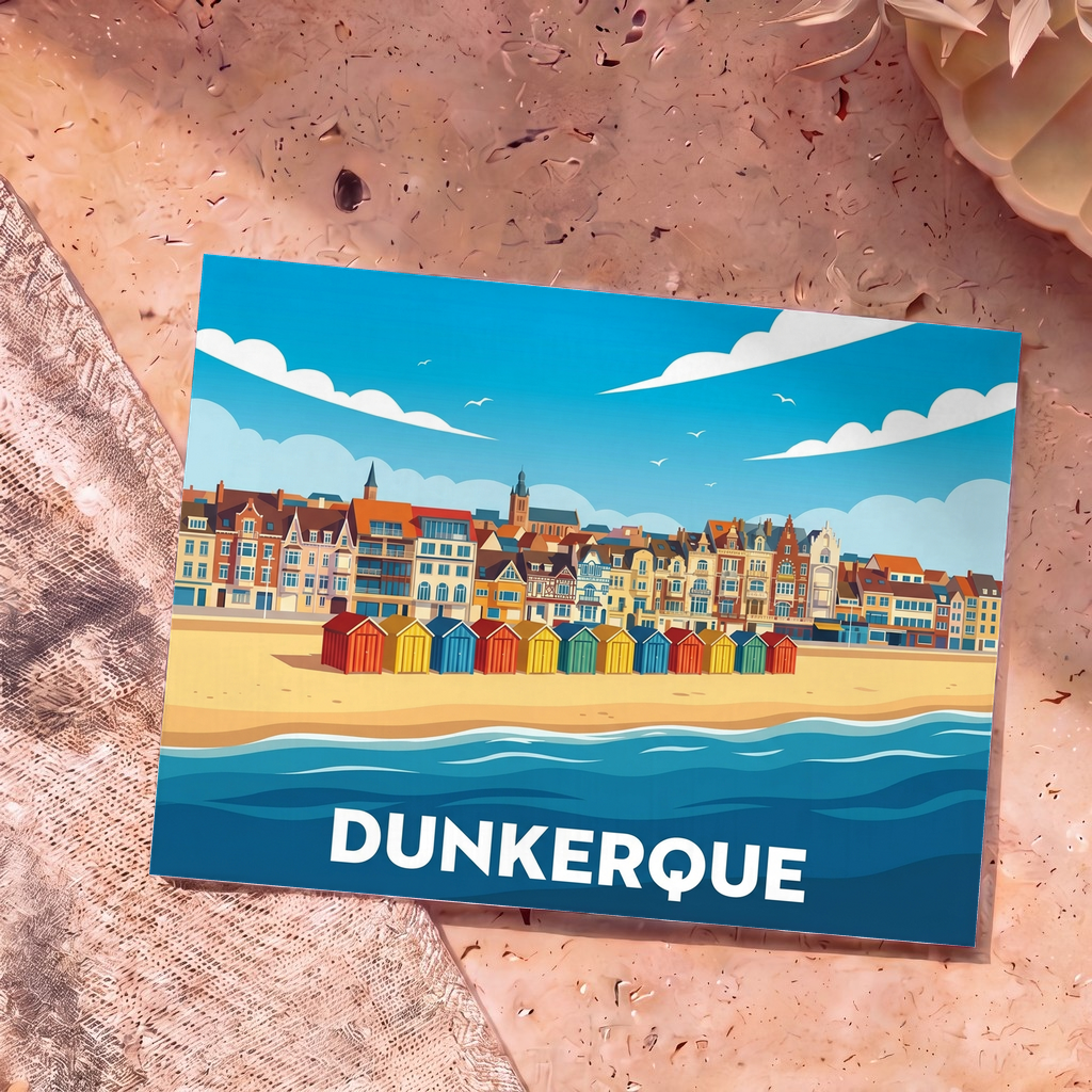 Carte postale souvenir de la ville de Dunkerque avec une illustration stylisée de ses cabines de plage colorées et de son front de mer.