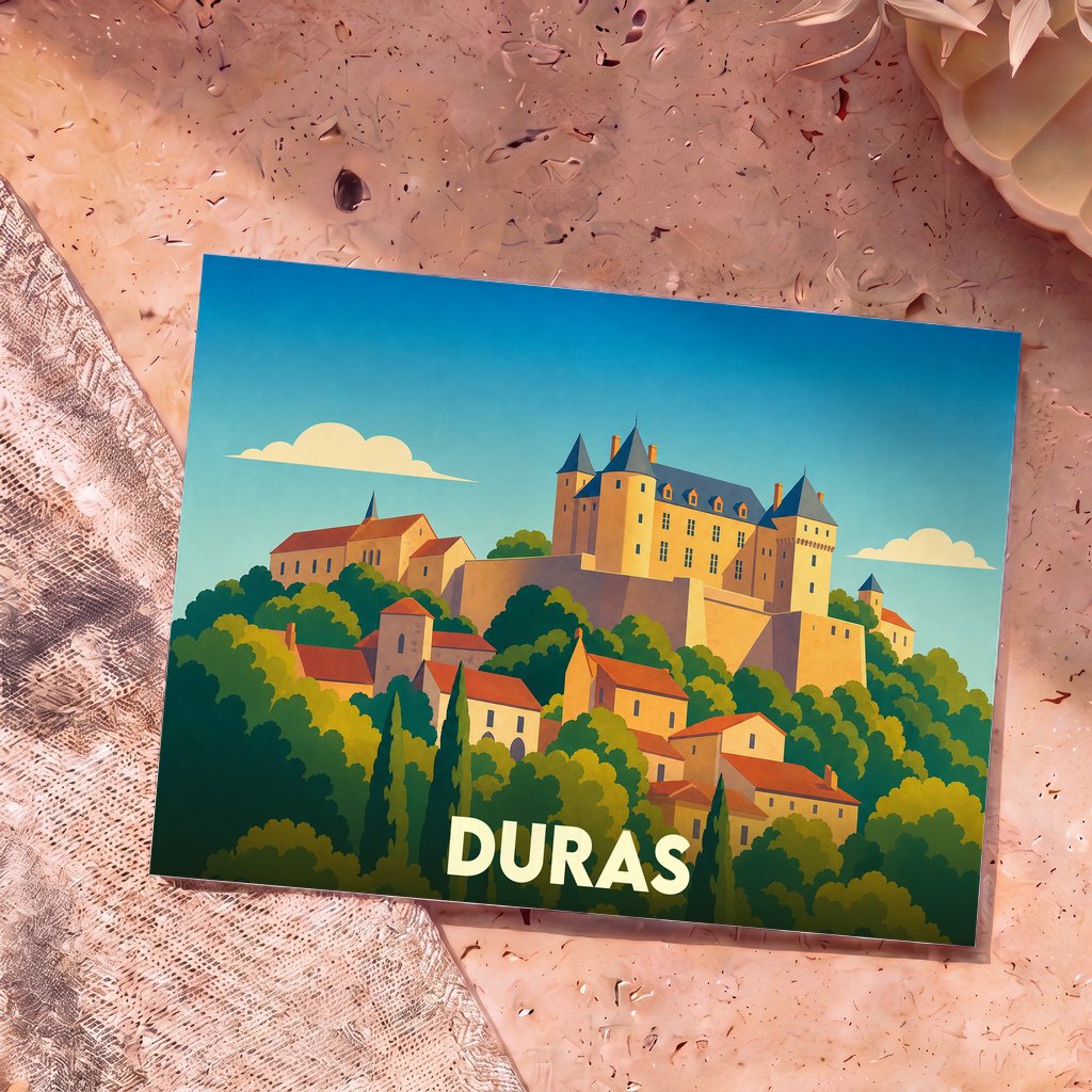 Carte postale souvenir de la ville de Duras avec une illustration stylisée de son château et du village.