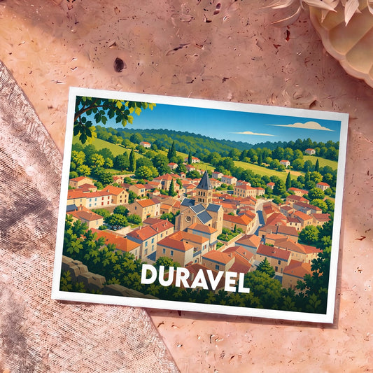 Carte postale souvenir de la ville de Duravel avec une illustration stylisée et colorée.