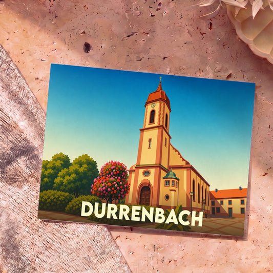 Carte postale souvenir de la ville de Durrenbach illustrant son église dans un style graphique épuré.