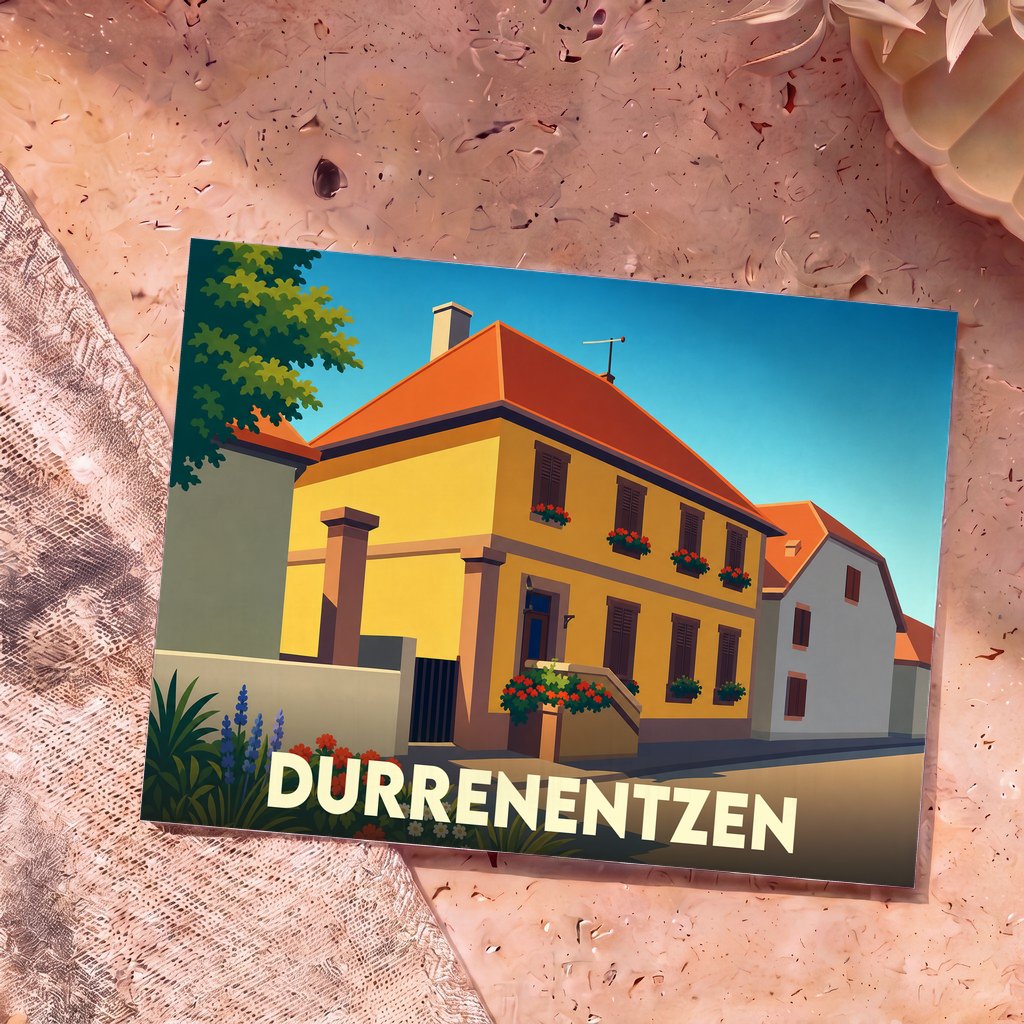 Carte postale souvenir de la ville de Durrenentzen avec une illustration stylisée d'une maison alsacienne.